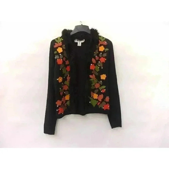 Victoria Harbour Women's Cardigan Sweater Black Floral Applique Faux Fur M - Picture 1 of 8